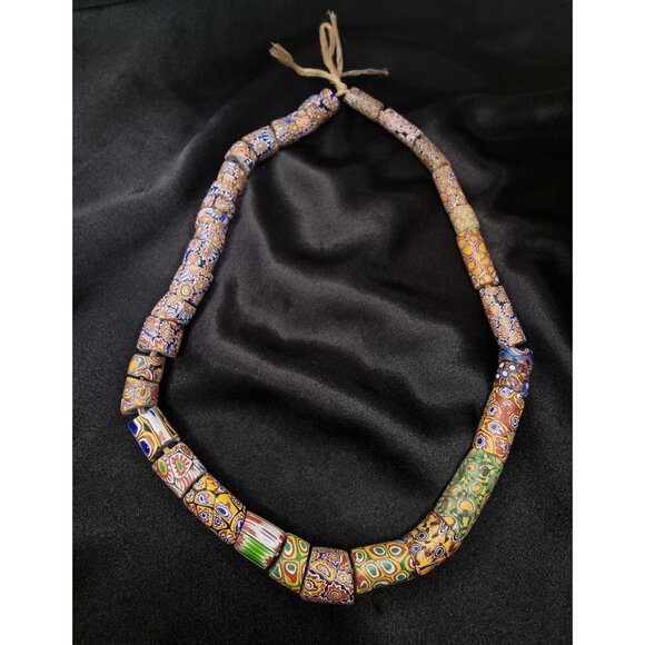 Antique African Millefiori Trade Bead Necklace Handmade Glass Beads On Cord Vibr - Picture 3 of 5